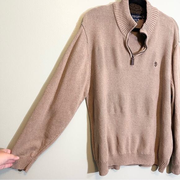 U.S. Polo Assn. Men's Tan 1/4 Zip Stand-Up Collar Long Sleeve Ribbed Sweater XXL - Picture 3 of 16